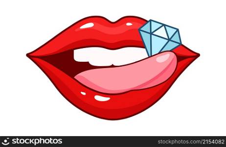 Diamond on tongue. Sexy red lips, female fashion patch. Fashionable kiss and love mouth, isolated cartoon girly vector sticker. Diamond and tongue, lips glamour fun and cool illustration. Diamond on tongue. Sexy red lips, female fashion patch. Fashionable kiss and love mouth, isolated cartoon girly vector sticker