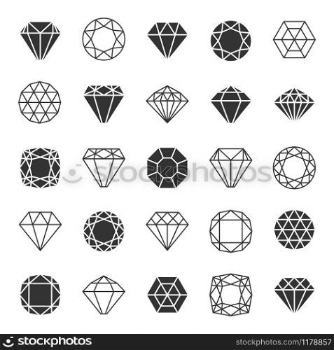 Diamond or brilliants icons set. Line and silhouette diamonds vector collection. Diamond line icons set