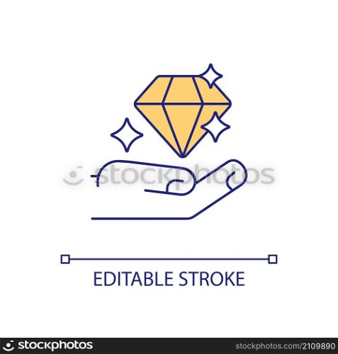 Diamond RGB color icon. Luxury gemstone. Shiny crystal. Precious and expensive gem. Engagement symbol. Isolated vector illustration. Simple filled line drawing. Editable stroke. Arial font used. Diamond RGB color icon