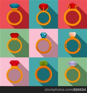 Diamond ring icons set. Flat set of diamond ring vector icons for web design. Diamond ring icons set, flat style