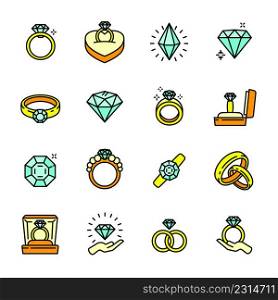 Diamond ring icons set outline vector. Woman bride. Ring proposal. Diamond ring icons set outline vector. Woman bride
