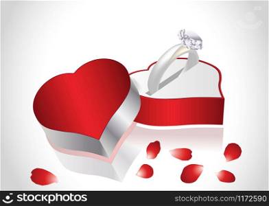 Diamond ring petals of roses and gift box