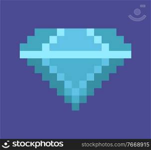 Diamond vector, isolated icon of precious stone in flat style, game graphics 8bit object jewellry royal treasure, brilliant rich crystal of blue color. Diamond Pixel Art Icon, Precious Stone Gemstone