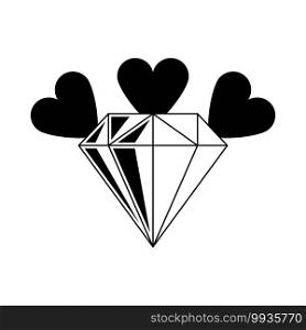 Diamond With Hearts Icon. Black Glyph Design. Vector Illustration.