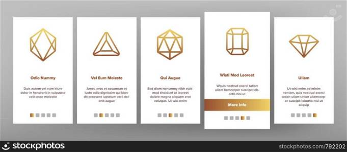 Diamonds, Gems Vector Onboarding Mobile App Page Screen. Diamonds, Gems Cutting Types Linear. Precious Stones, Gemstones Shapes, Jewelry Crystals with Geometric Facets Illustrations. Diamonds, Gems Vector Onboarding