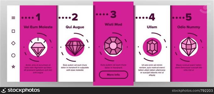 Diamonds, Gems Vector Onboarding Mobile App Page Screen. Diamonds, Gems Cutting Types Linear. Precious Stones, Gemstones Shapes, Jewelry Crystals with Geometric Facets Illustrations. Diamonds, Gems Vector Onboarding