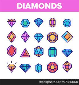 Diamonds, Gems Vector Thin Line Icons Set. Diamonds, Gems Cutting Types Linear Pictograms. Precious Stones, Gemstones Shapes, Jewelry Crystals with Geometric Facets Contour Illustrations. Diamonds, Gems Vector Thin Line Icons Set