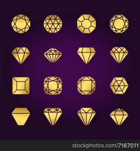 Diamonds shapes gold vector icons set on violet background. Diamonds shapes gold icons set