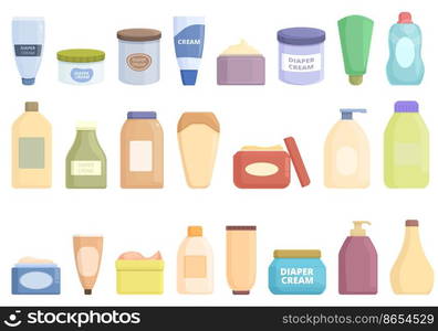 Diaper cream icons set cartoon vector. Children health. Infection chemical. Diaper cream icons set cartoon vector. Children health