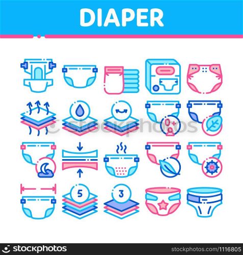 Diaper For Newborn Collection Icons Set Vector Thin Line. Diaper For Kids With Drop Of Liquid And Leaf, Multilayer And Comfortable Concept Linear Pictograms. Color Contour Illustrations. Diaper For Newborn Collection Icons Set Vector