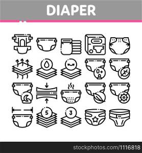 Diaper For Newborn Collection Icons Set Vector Thin Line. Diaper For Kids With Drop Of Liquid And Leaf, Multilayer And Comfortable Concept Linear Pictograms. Monochrome Contour Illustrations. Diaper For Newborn Collection Icons Set Vector
