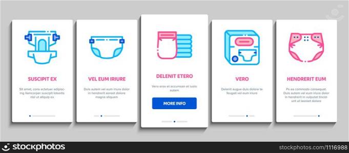 Diaper For Newborn Onboarding Mobile App Page Screen. Diaper For Kids With Drop Of Liquid And Leaf, Multilayer And Comfortable Concept Illustrations. Diaper For Newborn Onboarding Elements Icons Set Vector