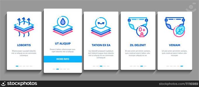 Diaper For Newborn Onboarding Mobile App Page Screen. Diaper For Kids With Drop Of Liquid And Leaf, Multilayer And Comfortable Concept Illustrations. Diaper For Newborn Onboarding Elements Icons Set Vector