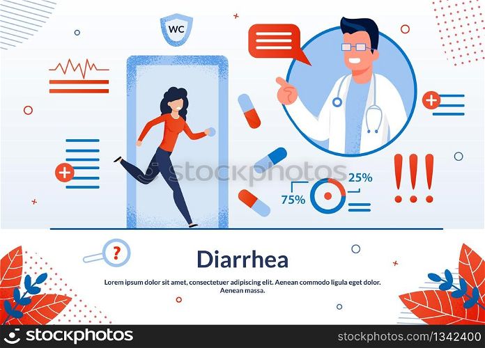 Diarrhea, Digestive Disorders, Stomach or Bowel Diseases Treatment Trendy Flat Vector Vector Banner, Poster. Woman with Diarrhea Hurrying in Toilet, Doctor Explaining Disease Causes Illustration