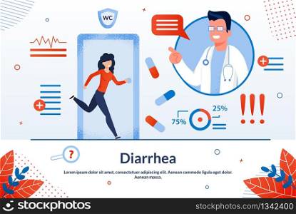 Diarrhea, Digestive Disorders, Stomach or Bowel Diseases Treatment Trendy Flat Vector Vector Banner, Poster. Woman with Diarrhea Hurrying in Toilet, Doctor Explaining Disease Causes Illustration