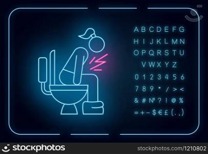 Diarrhea neon light icon. Digestive tract disease. Illness and sickness. Food poisoning. Menstruation problem. Glowing sign with alphabet, numbers and symbols. Vector isolated illustration