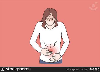 Diarrhea or constipation, problems with health concept. Young sad Woman standing feeling pain in stomach touching it with hands having Abdomen disease and illness vector illustration . Diarrhea or constipation, problems with health concept