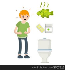 Diarrhea, upset stomach. Man holding belly. Set of indigestion Icons. Health problem. Toilet bowl, medicine and pills, rotten fish and food. Medical assistance in case of poisoning. Poor nutrition. Diarrhea, upset stomach.