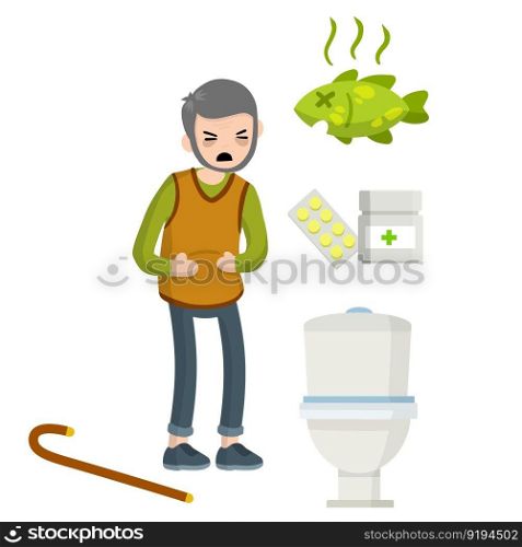 Diarrhea, upset stomach. Old Man holding belly. Poor nutrition. Health problem. Toilet bowl, medicine and pills, rotten fish and food. Set of indigestion Icons. Medical assistance in case of poisoning. Diarrhea, upset stomach.