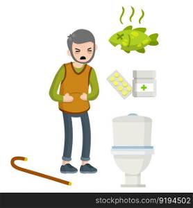 Diarrhea, upset stomach. Old Man holding belly. Poor nutrition. Health problem. Toilet bowl, medicine and pills, rotten fish and food. Set of indigestion Icons. Medical assistance in case of poisoning. Diarrhea, upset stomach.