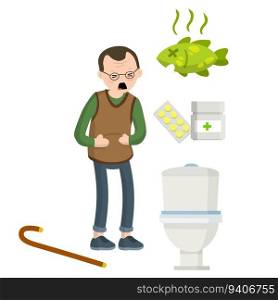 Diarrhea, upset stomach. Old Man holding belly. Poor nutrition. Health problem. Toilet bowl, medicine and pills, rotten fish and food. Set of indigestion Icons. Medical assistance in case of poisoning. Diarrhea, upset stomach. Old Man holding belly.