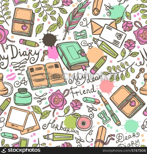 Diary hand drawn seamless pattern with herbarium love letter and scrapbooking art vector illustration