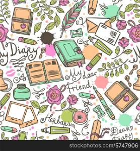 Diary hand drawn seamless pattern with herbarium love letter and scrapbooking art vector illustration