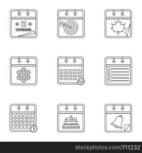 Diary icons set. Outline set of 9 diary vector icons for web isolated on white background. Diary icons set, outline style