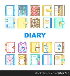 Diary Paper Stationery Accessory Icons Set Vector. Diary With Pen And Crocodile Skin Cover For Writing And Drawing, With Fingerprint Scanner And Password Lock Line. Color Illustrations. Diary Paper Stationery Accessory Icons Set Vector