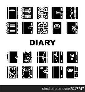 Diary Paper Stationery Accessory Icons Set Vector. Diary With Pen And Crocodile Skin Cover For Writing And Drawing, With Fingerprint Scanner And Password Lock Glyph Pictograms Black Illustrations. Diary Paper Stationery Accessory Icons Set Vector
