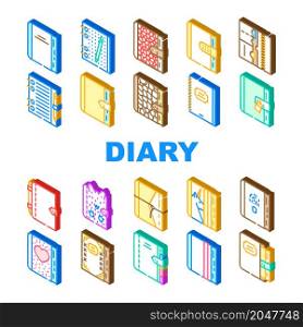 Diary Paper Stationery Accessory Icons Set Vector. Diary With Pen And Crocodile Skin Cover For Writing And Drawing, With Fingerprint Scanner And Password Lock Isometric Sign Color Illustrations. Diary Paper Stationery Accessory Icons Set Vector