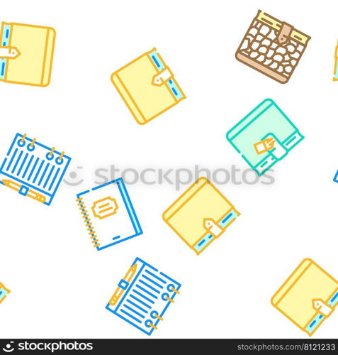 Diary Paper Stationery Accessory Vector Seamless Pattern Color Line Illustration. Diary Paper Stationery Accessory Icons Set Vector