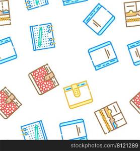 Diary Paper Stationery Accessory Vector Seamless Pattern Color Line Illustration. Diary Paper Stationery Accessory Icons Set Vector