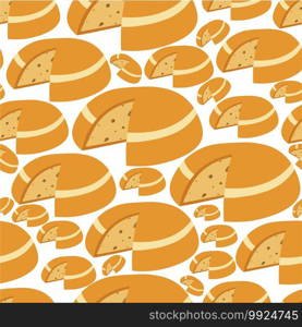 Diary product seamless pattern, slices of cheese. Milk-based food, snack or ingredient for dishes. Organic meal, assortment for shop or restaurant. Eating different kinds, vector in flat style. Cheese cut, dairy product portion seamless pattern vector