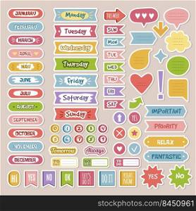 Diary stickers. School agenda or business planner notes monthly and daily stickers notebook education checklist symbols recent vector colored templates. Illustration of memo school notebook. Diary stickers. School agenda or business planner notes monthly and daily stickers notebook education checklist symbols recent vector colored templates