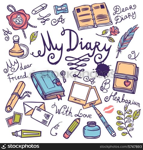 Diary writing instrument hand drawn scrapbooking set with pen notebook ink vector illustration