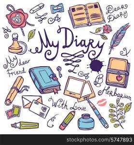 Diary writing instrument hand drawn scrapbooking set with pen notebook ink vector illustration