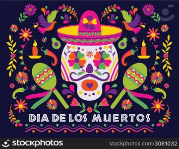 Dias de los Muertos typography banner vector. In English Feast of death. Mexico design for fiesta cards or party invitation, poster. Flowers traditional mexican frame with floral letters on dark background.