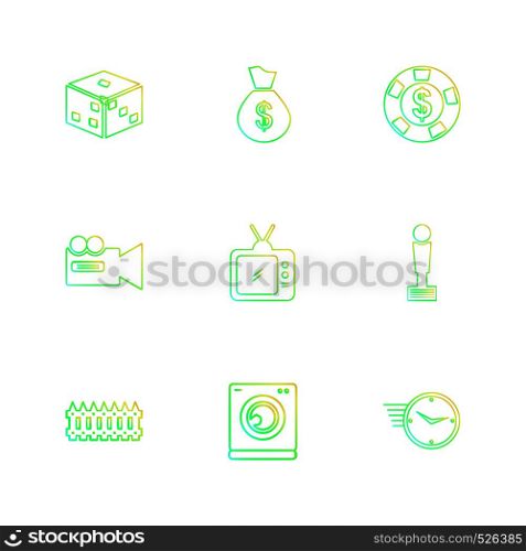 dice , coins, money , camera , ticket , time , lamp , icon, vector, design, flat, collection, style, creative, icons