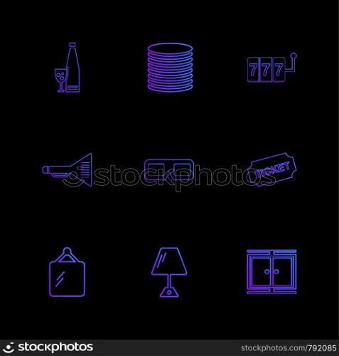 dice , coins, money , camera , ticket , time , lamp , icon, vector, design, flat, collection, style, creative, icons