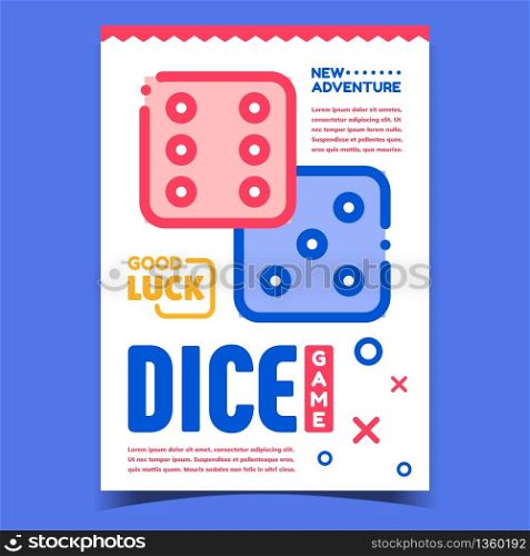 Dice Game Casino Bright Advertising Poster Vector. Gambling Playing Shoot Dice Game, Cubes Gaming Equipment. Die Gamer Tool For Competition Concept Template Stylish Colorful Illustration. Dice Game Casino Bright Advertising Poster Vector