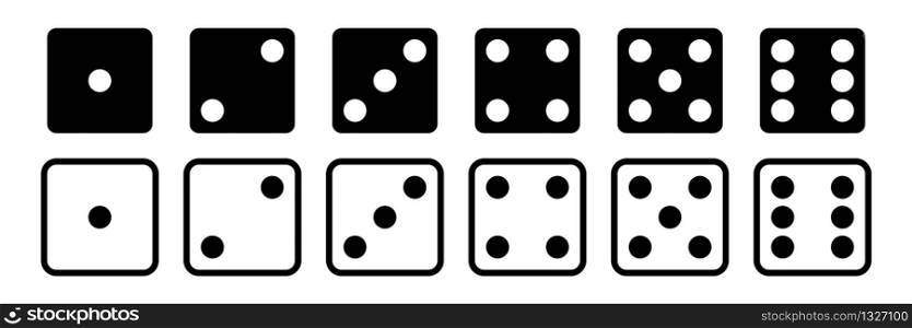 Dice vector set of icons. Gambling collection. Dice isolated black icon. Gamble chance leisure. EPS 10