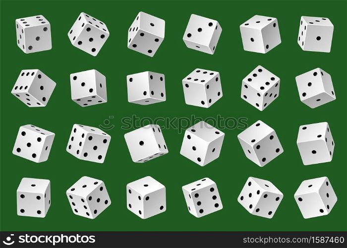 Dices template. Gambling game white 3d cubes with black pips different angles and combinations, online casino random number generator. 24 variations loss dice. Vector realistic isolated on green set. Dices template. Gambling game white 3d cubes with black pips different angles and combinations, online casino random number generator. 24 variations loss dice. Vector realistic set