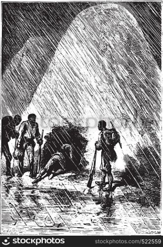 Dick and his companions slipped it, vintage engraved illustration.