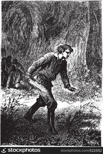 Dick Sand rushed, cutlass in hand, vintage engraved illustration.