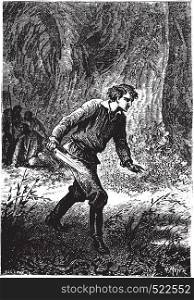 Dick Sand rushed, cutlass in hand, vintage engraved illustration.