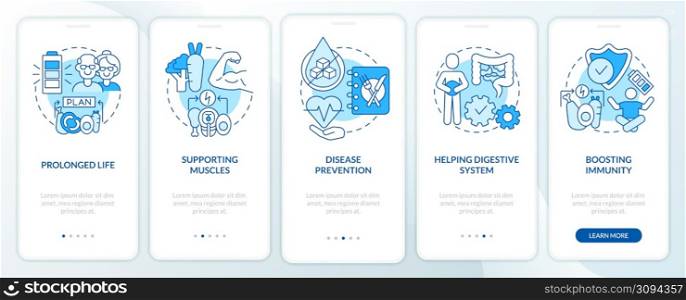 Diet advantages blue onboarding mobile app screen. Healthy nutrition walkthrough 5 steps graphic instructions pages with linear concepts. UI, UX, GUI template. Myriad Pro-Bold, Regular fonts used. Diet advantages blue onboarding mobile app screen