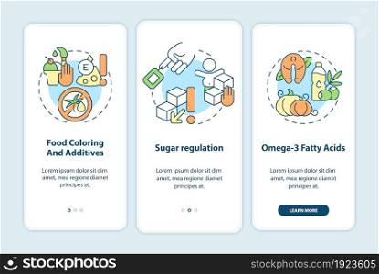 Diet and hyperactive behavior onboarding mobile app page screen. Sugar regulation walkthrough 3 steps graphic instructions with concepts. UI, UX, GUI vector template with linear color illustrations. Diet and hyperactive behavior onboarding mobile app page screen