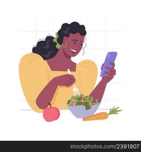 Diet app isolated cartoon vector illustrations. Young woman holding phone in hands and eating salad, using diet app to control nutrition, healthy lifestyle, weight loss plan vector cartoon.. Diet app isolated cartoon vector illustrations.