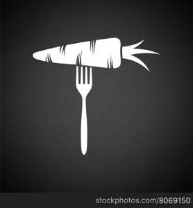 Diet carrot on fork icon. Black background with white. Vector illustration.